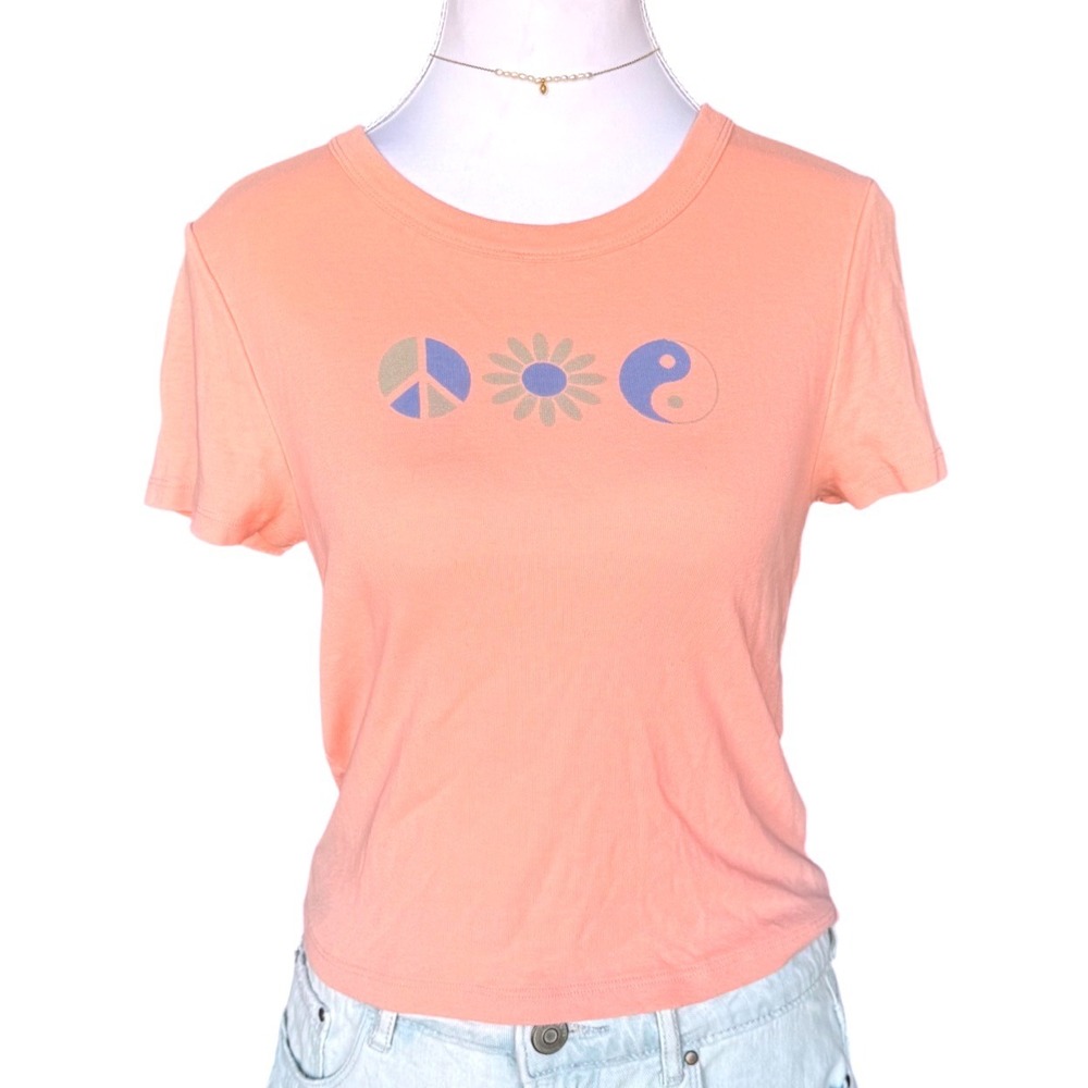 American Eagle Baby Tee Peace Yin Yang Flower Crop Top Peach Orange Shirt Large